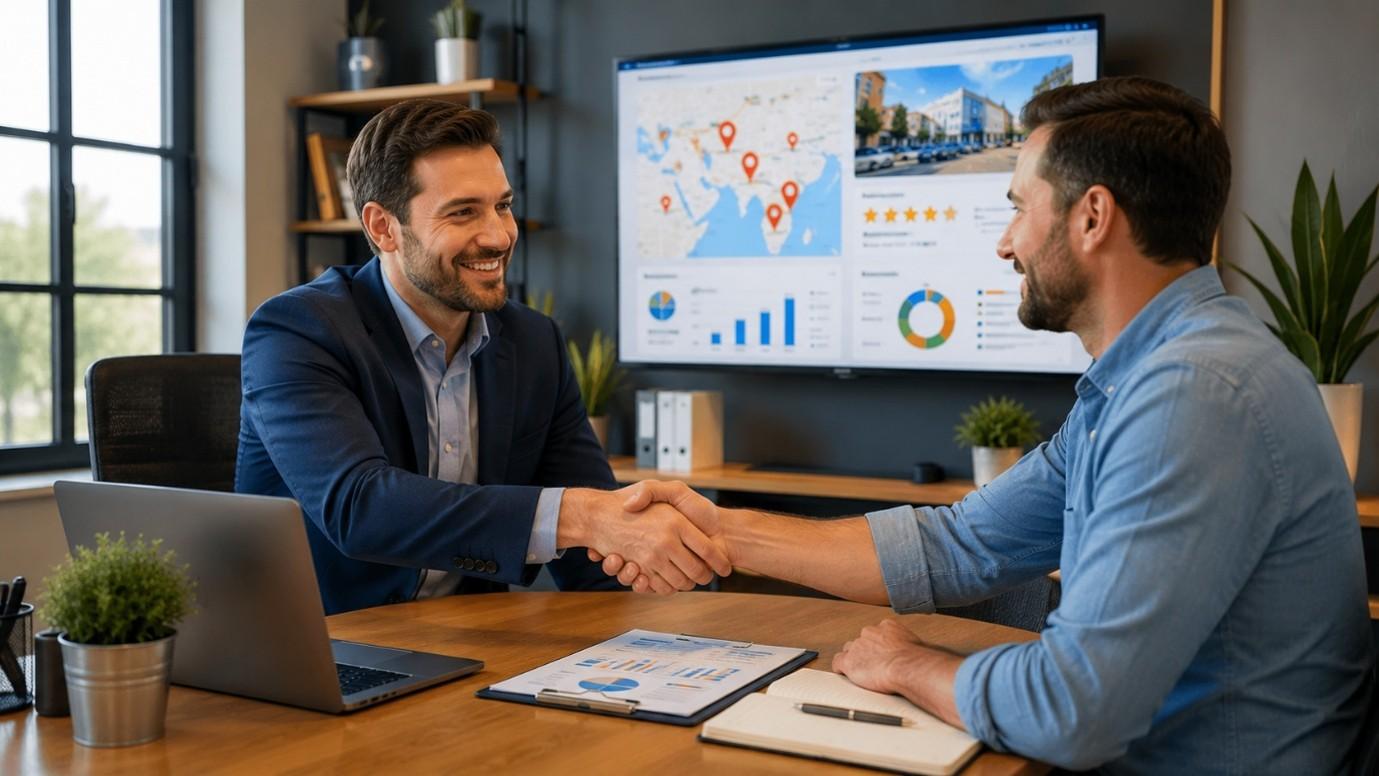 Business owner meeting with a local digital marketing agency for SEO and online growth planning.