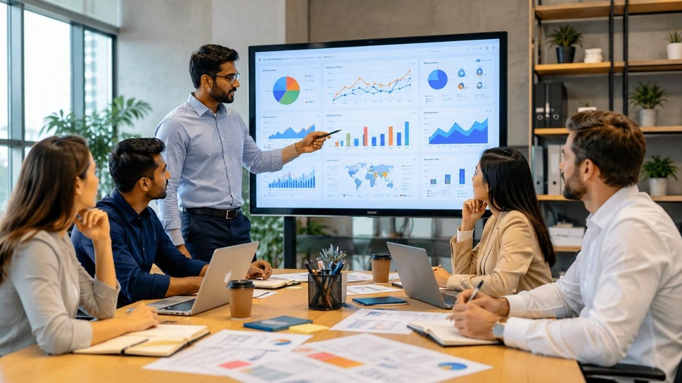 Digital marketing agency team discussing SEO, PPC, analytics, and online marketing strategies.