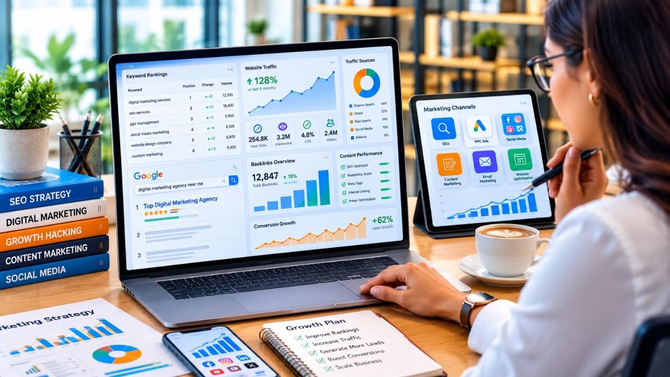 SEO expert analyzing keyword rankings and website performance for business growth.
