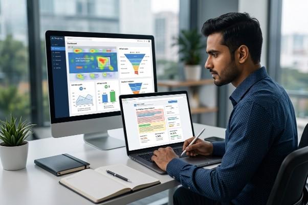 Analysing conversion data and lead performance in Google Ads dashboard within a professional Hyderabad office environment