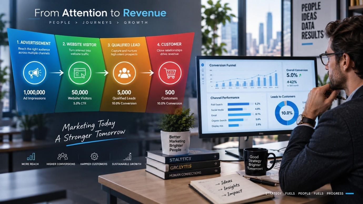 Advertising funnel from paid ads to leads and customers