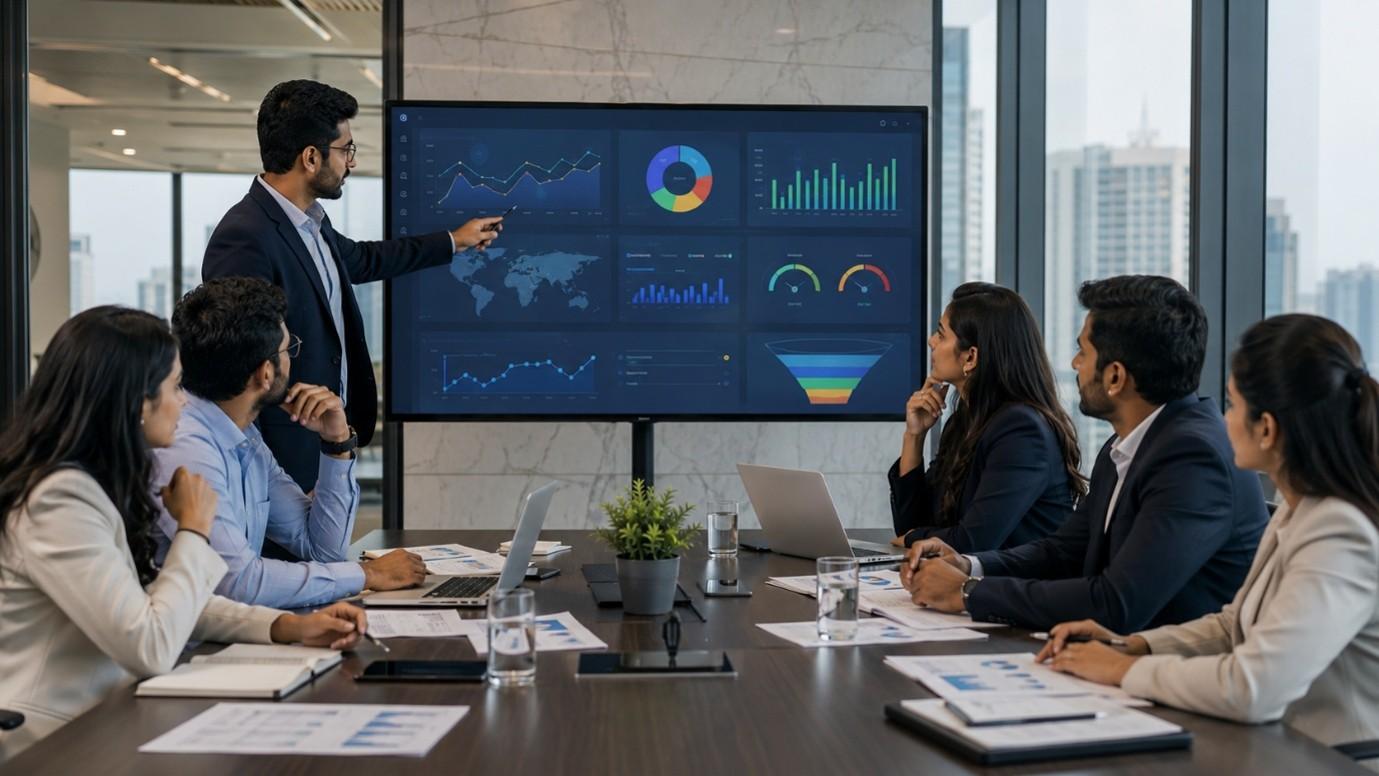 Business team analyzing qualified leads, conversion rates and customer acquisition costs