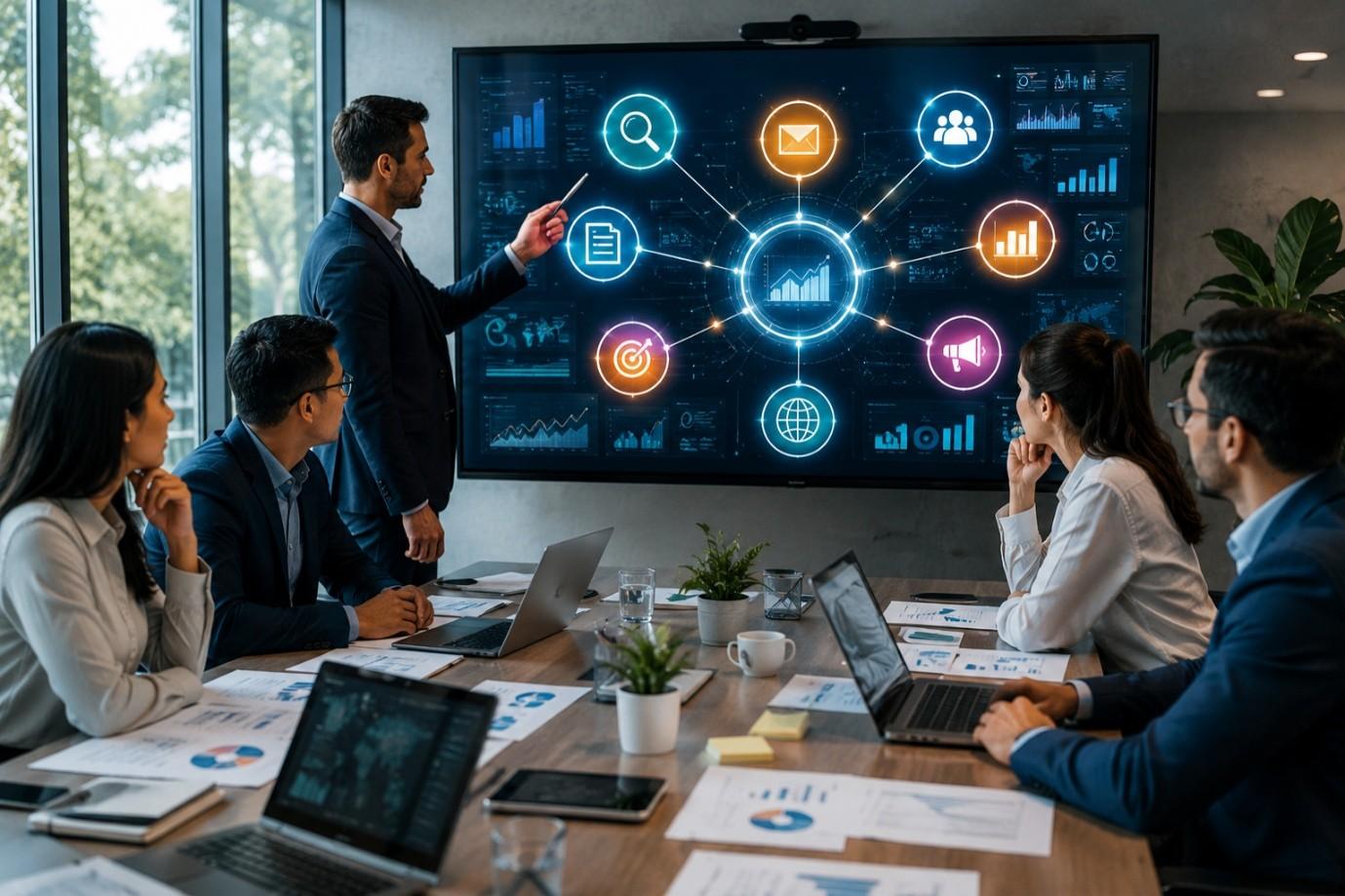 Business team planning a digital marketing strategy with SEO, Google Ads, content marketing, email marketing, and analytics.