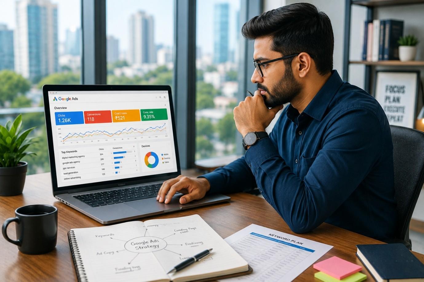Digital marketer researching Google Ads keywords on laptop in Hyderabad office