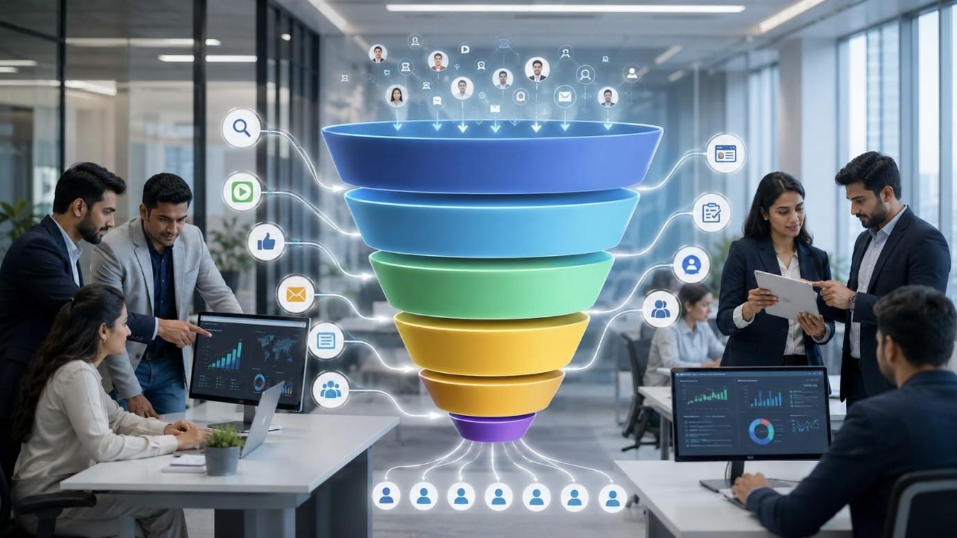 Lead generation funnel showing how businesses convert visitors into qualified leads and customers