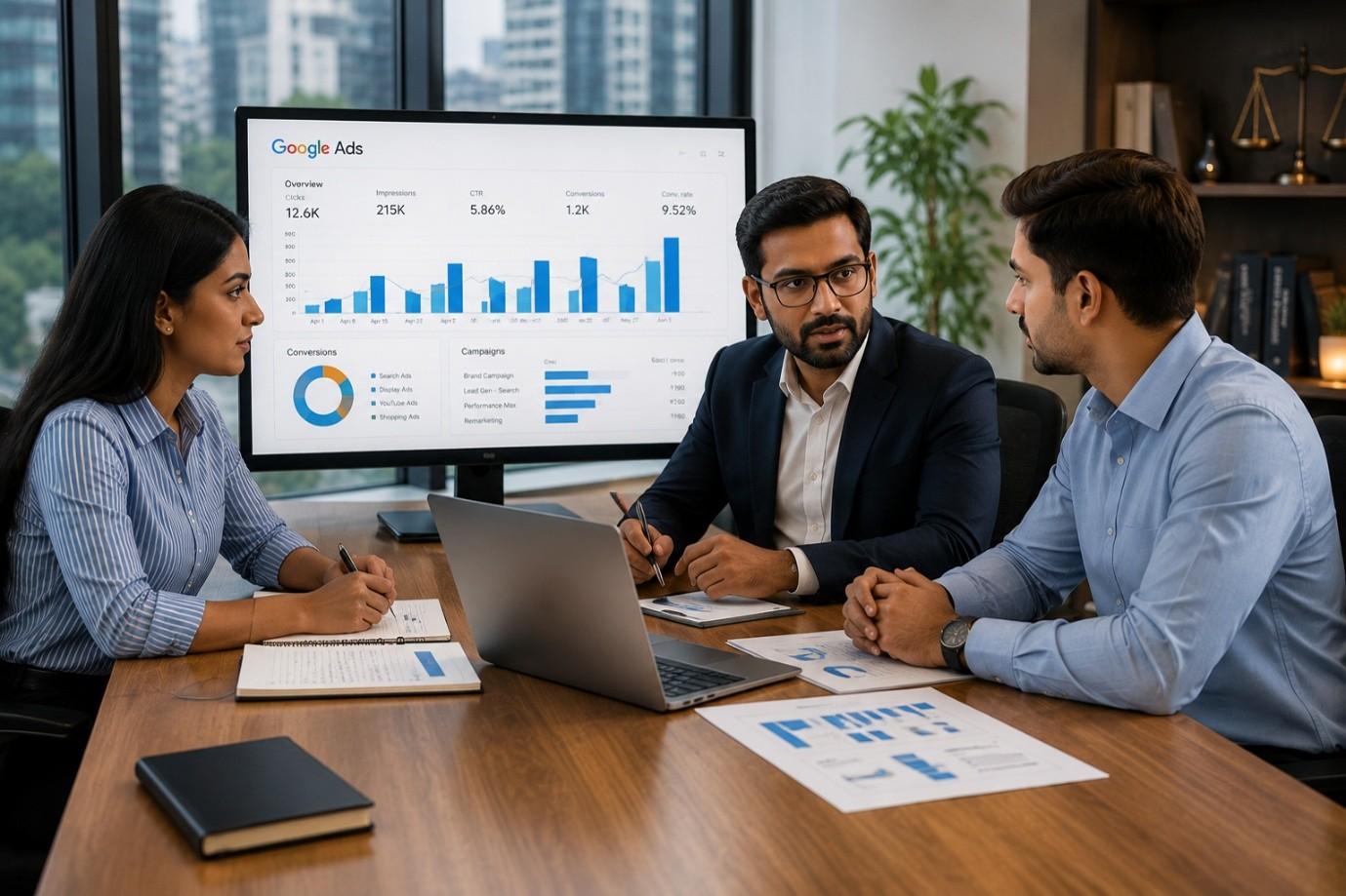 Marketer analysing landing page and conversion performance on multiple screens