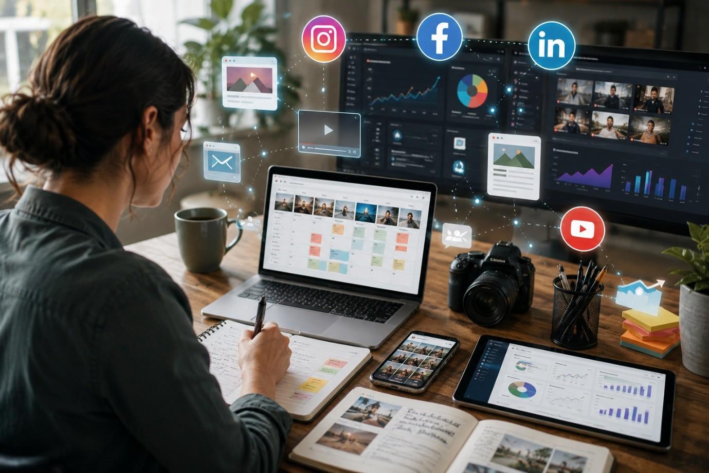 Digital marketer creating a content marketing and social media strategy to grow a small business online.