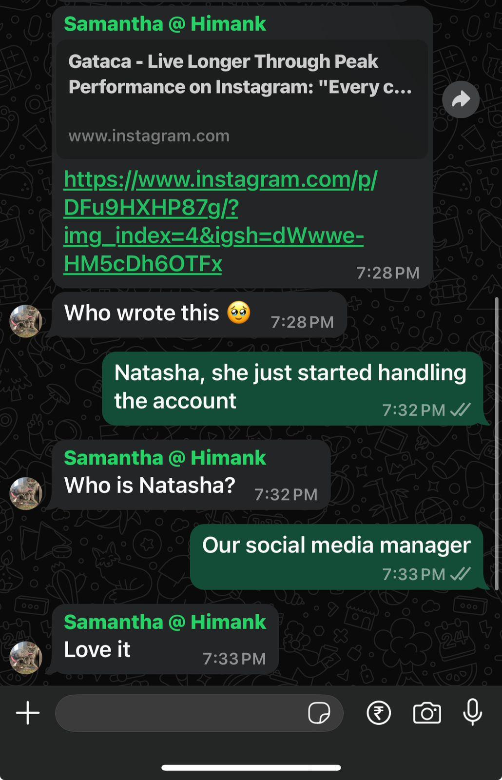 WhatsApp screenshot — Samantha reacting to Gataca content