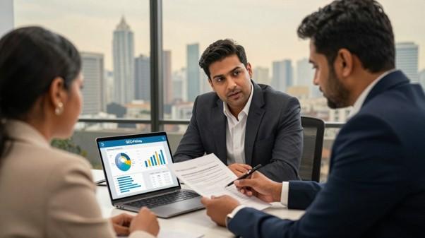 Business owner reviewing SEO traffic leads and ROI with a strategist