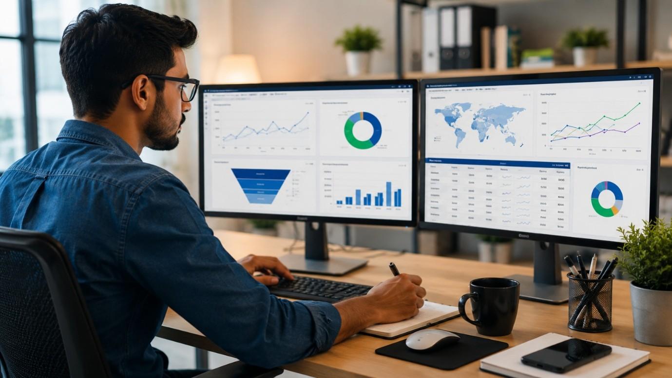 Digital marketing professional reviewing keyword research, SEO reports, search rankings, backlinks, and website analytics on dual monitors in a modern office.