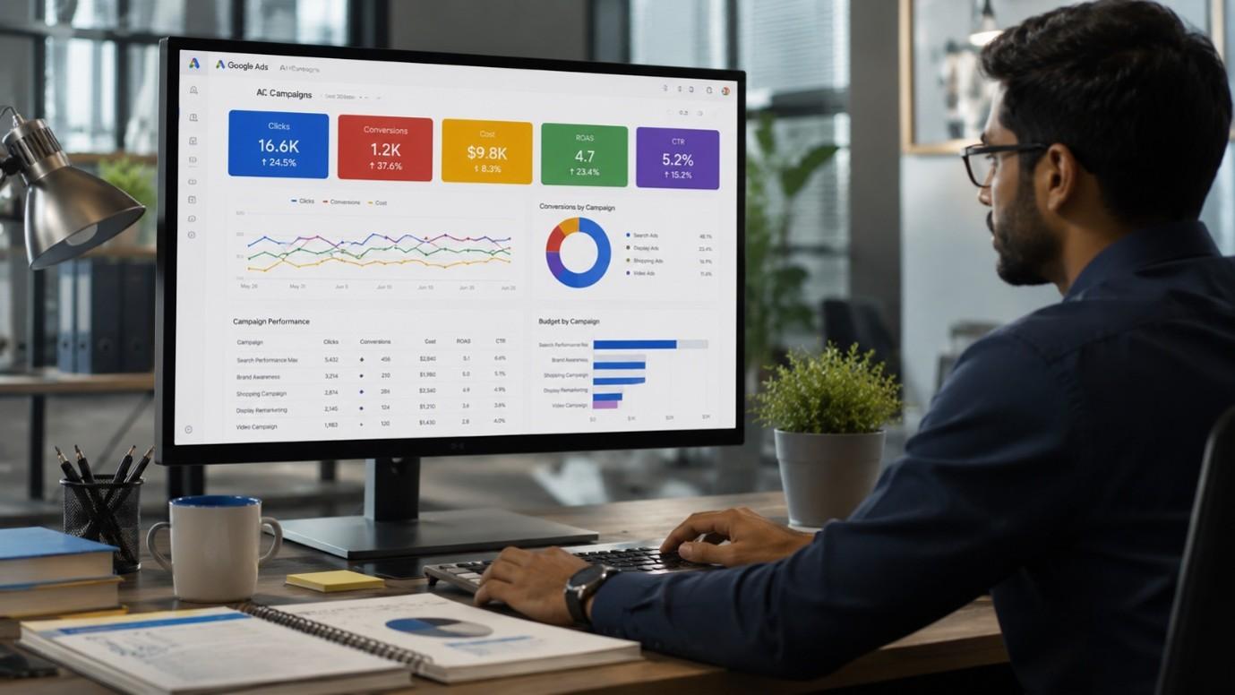 Digital marketer reviewing Google Ads campaign performance and conversion analytics.