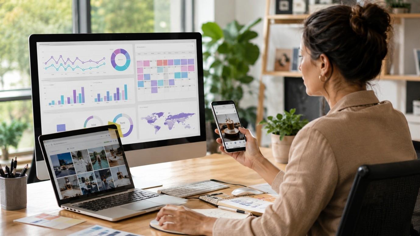 Marketing professional monitoring social media campaign analytics and content performance on desktop and mobile devices.